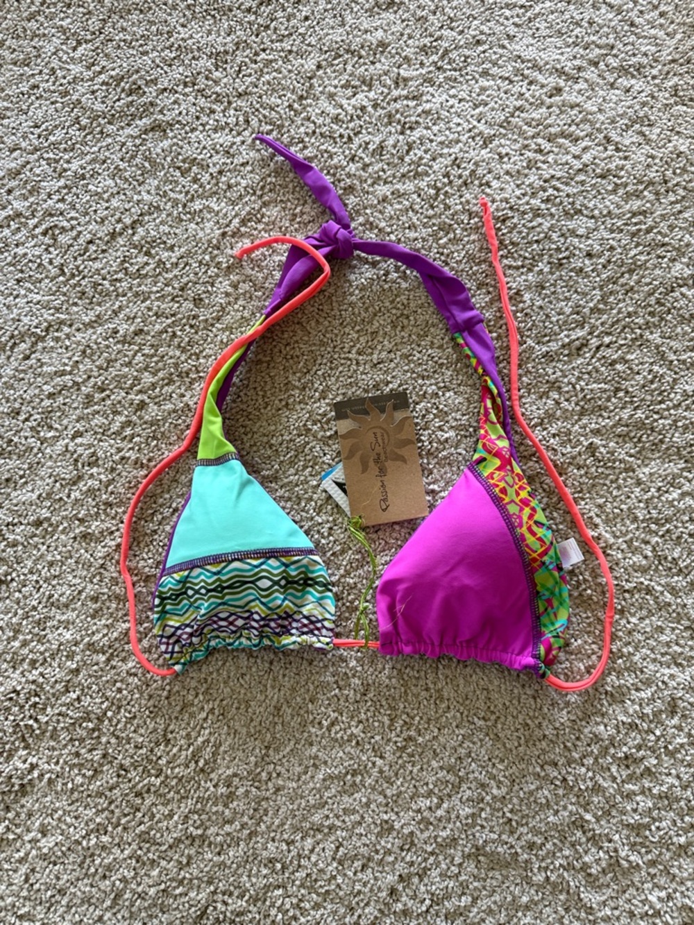 Xhilaration Purple Triangle Bikini Top with Neon Coral Straps